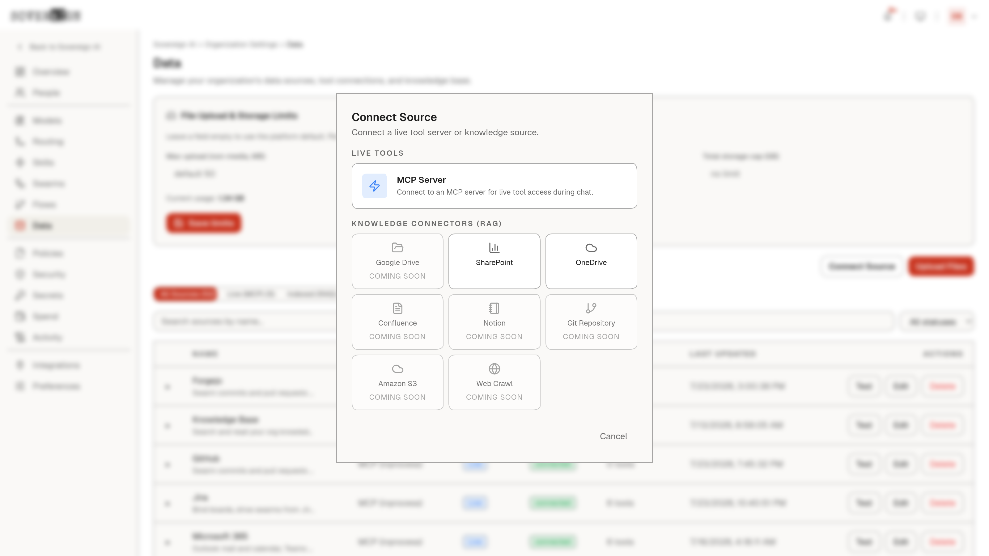 The Connect Source modal over the Data admin page: MCP server, SharePoint, and OneDrive source types with the credential fields scoped per source