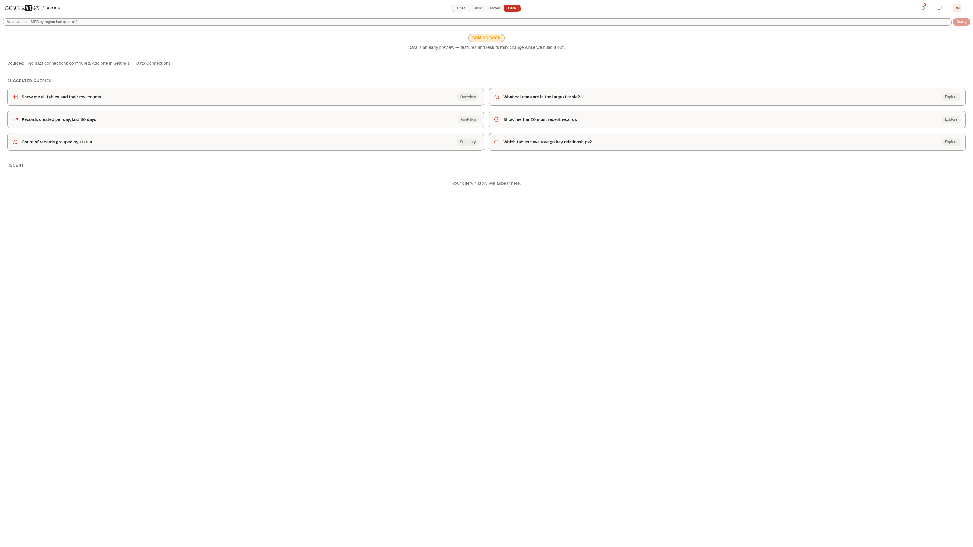 The Data tab: a natural-language query box, a Coming Soon badge, suggested queries, and an empty sources panel