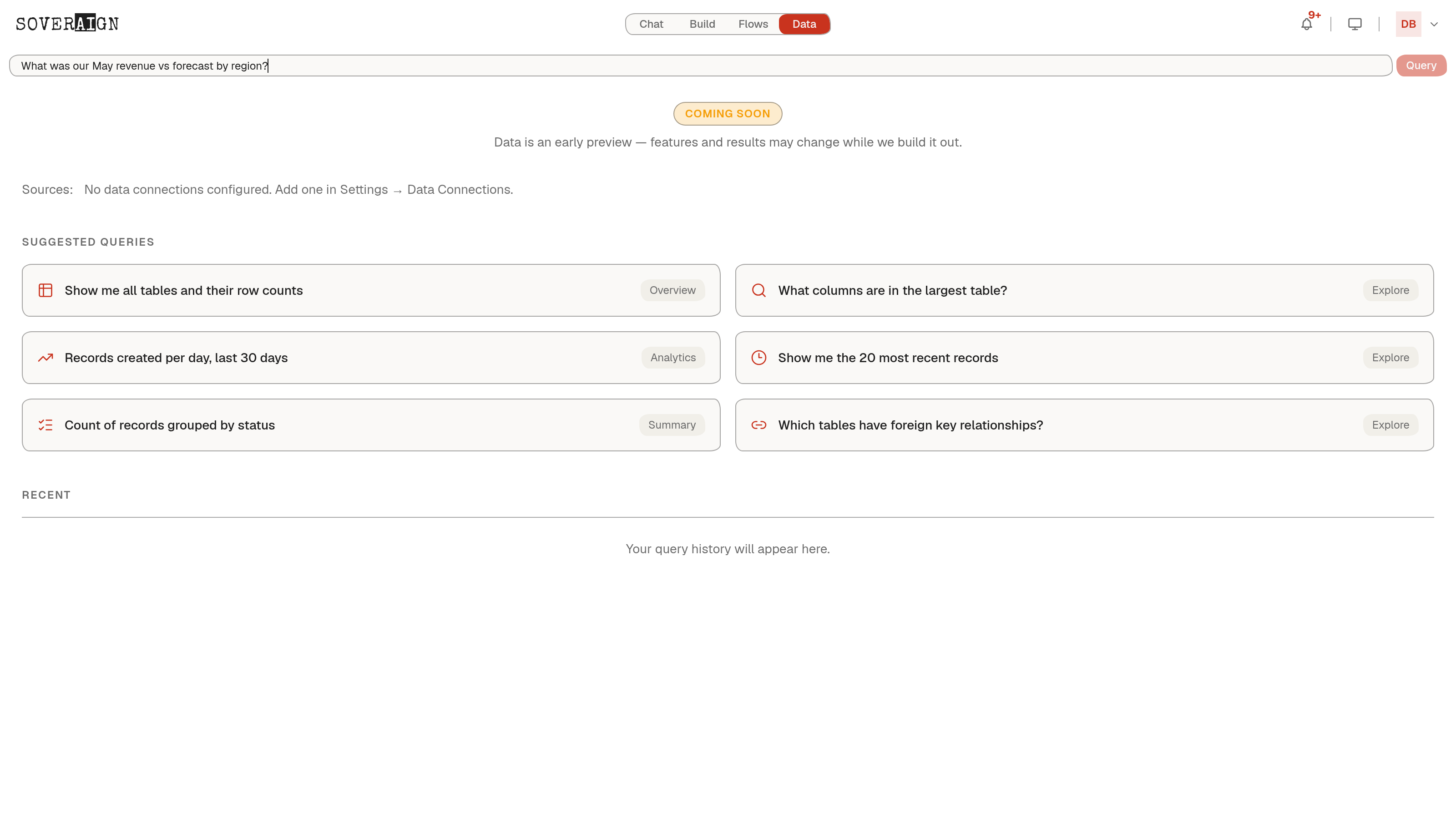 The Data tab: a natural-language query box, a Coming Soon badge, suggested queries, and an empty sources panel