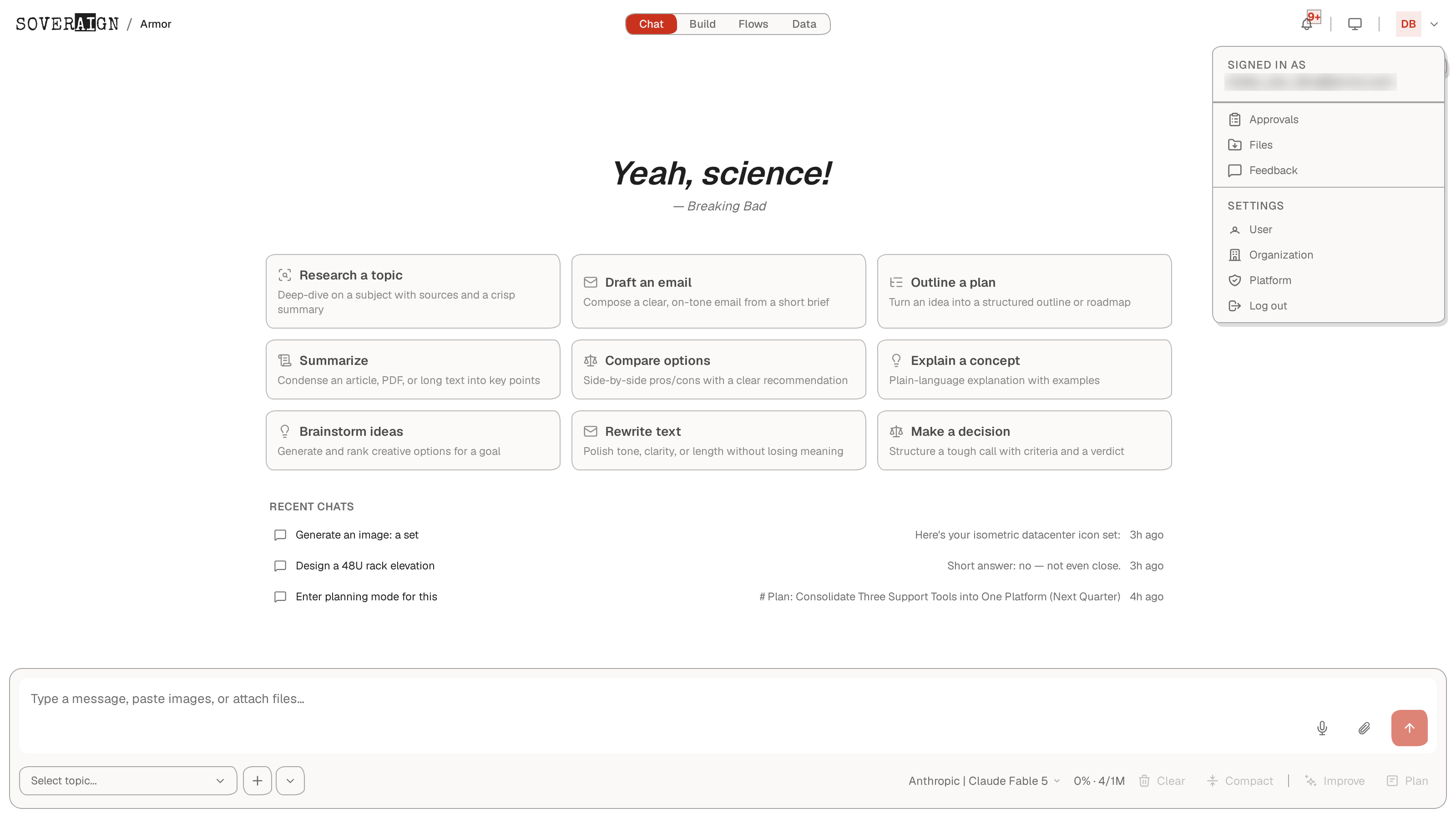 The account menu open with the Feedback item alongside Approvals, Files, and settings