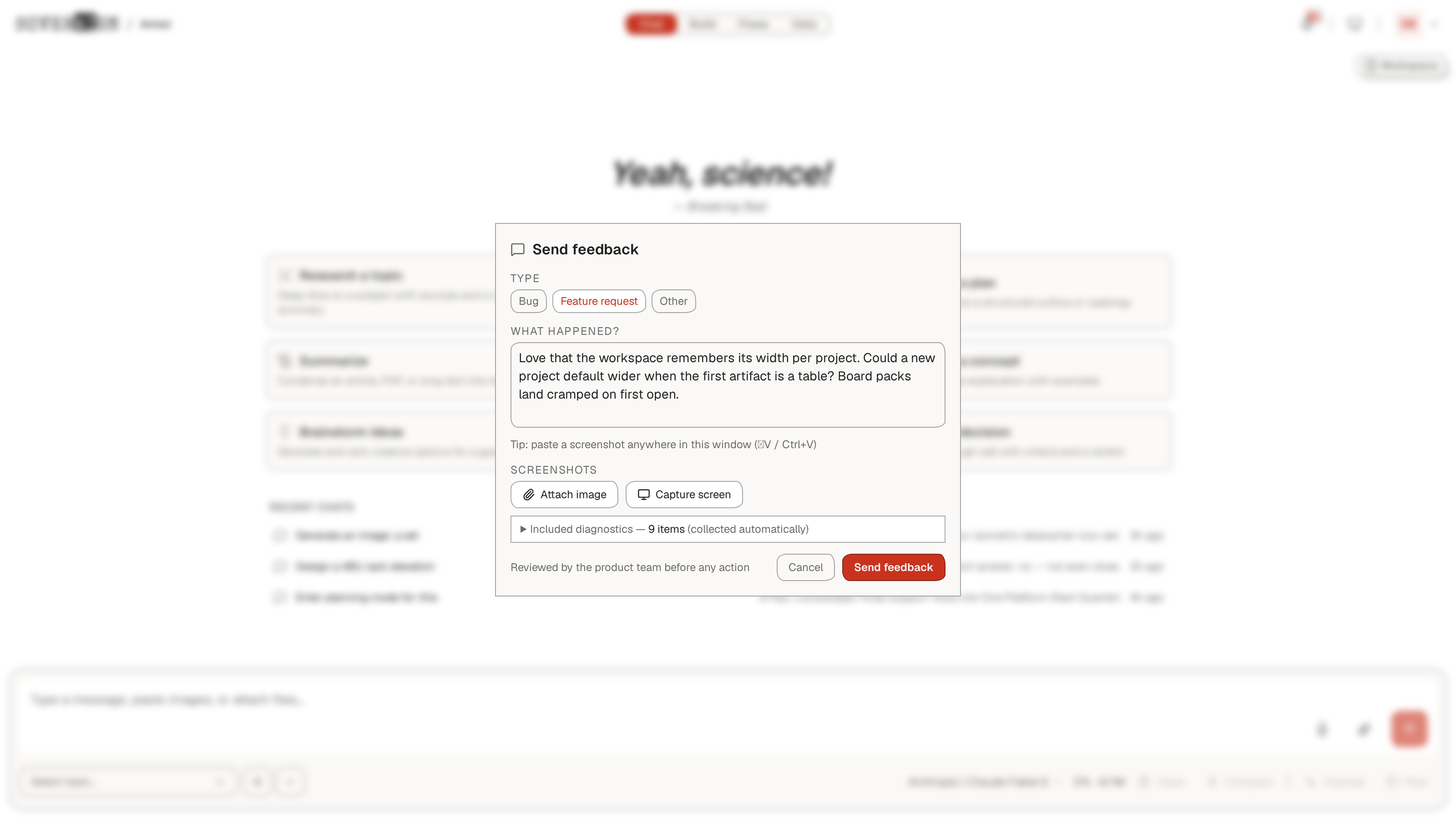 The Send feedback modal: type chips, description, screenshot attach and capture, automatic diagnostics, reviewed-before-action note