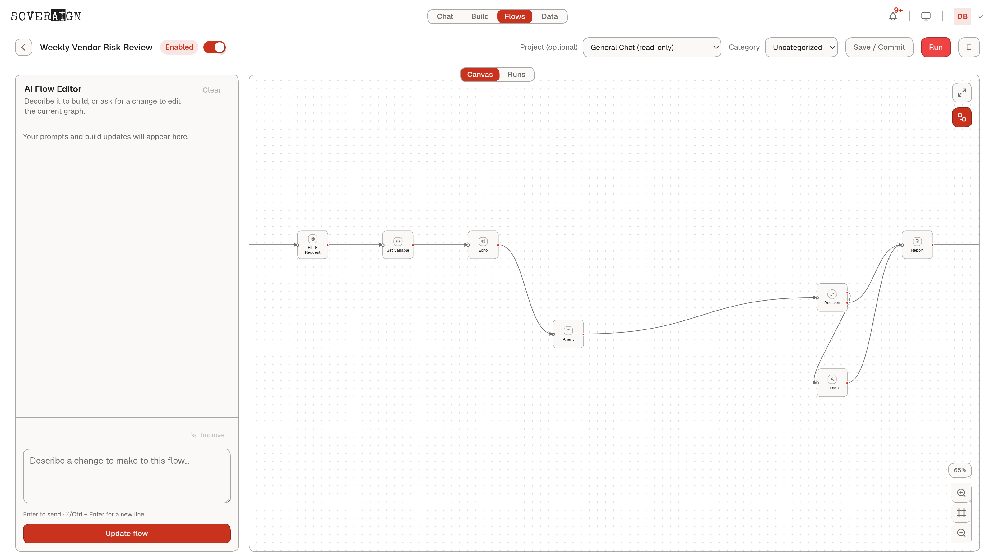 The Weekly Vendor Risk Review flow: schedule trigger, HTTP fetch, threshold variable, notify, scoring loop with an agent body, decision branches to a swarm deep-dive or a cleared log, CISO approval gate, report and final notification