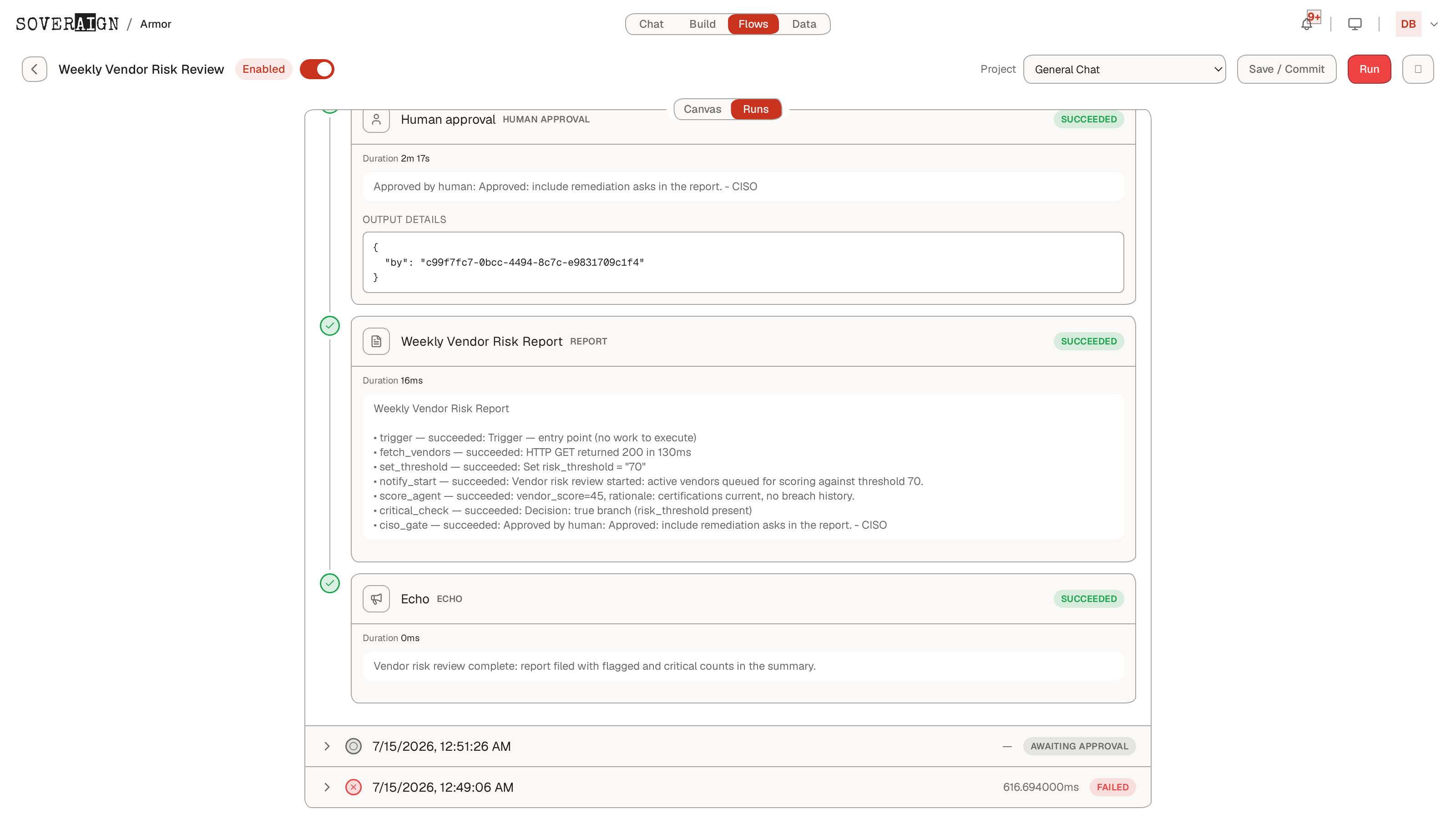 The completed run: Human approval succeeded with the approval note on the record, the report compiled with a per-node receipt, the final notification fired