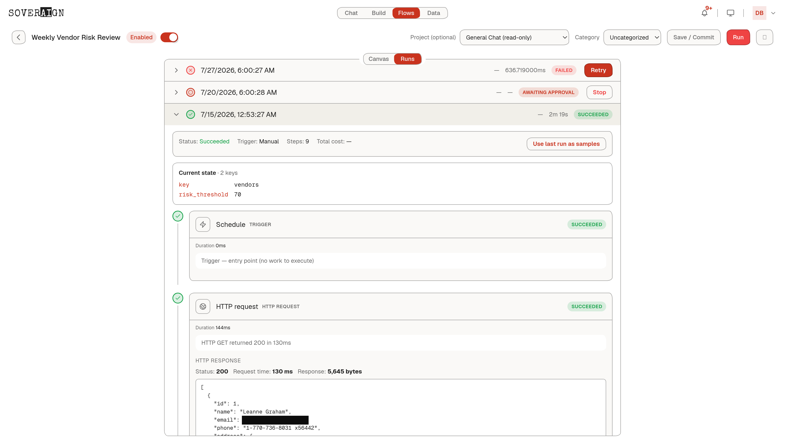 The completed run: Human approval succeeded with the approval note on the record, the report compiled with a per-node receipt, the final notification fired