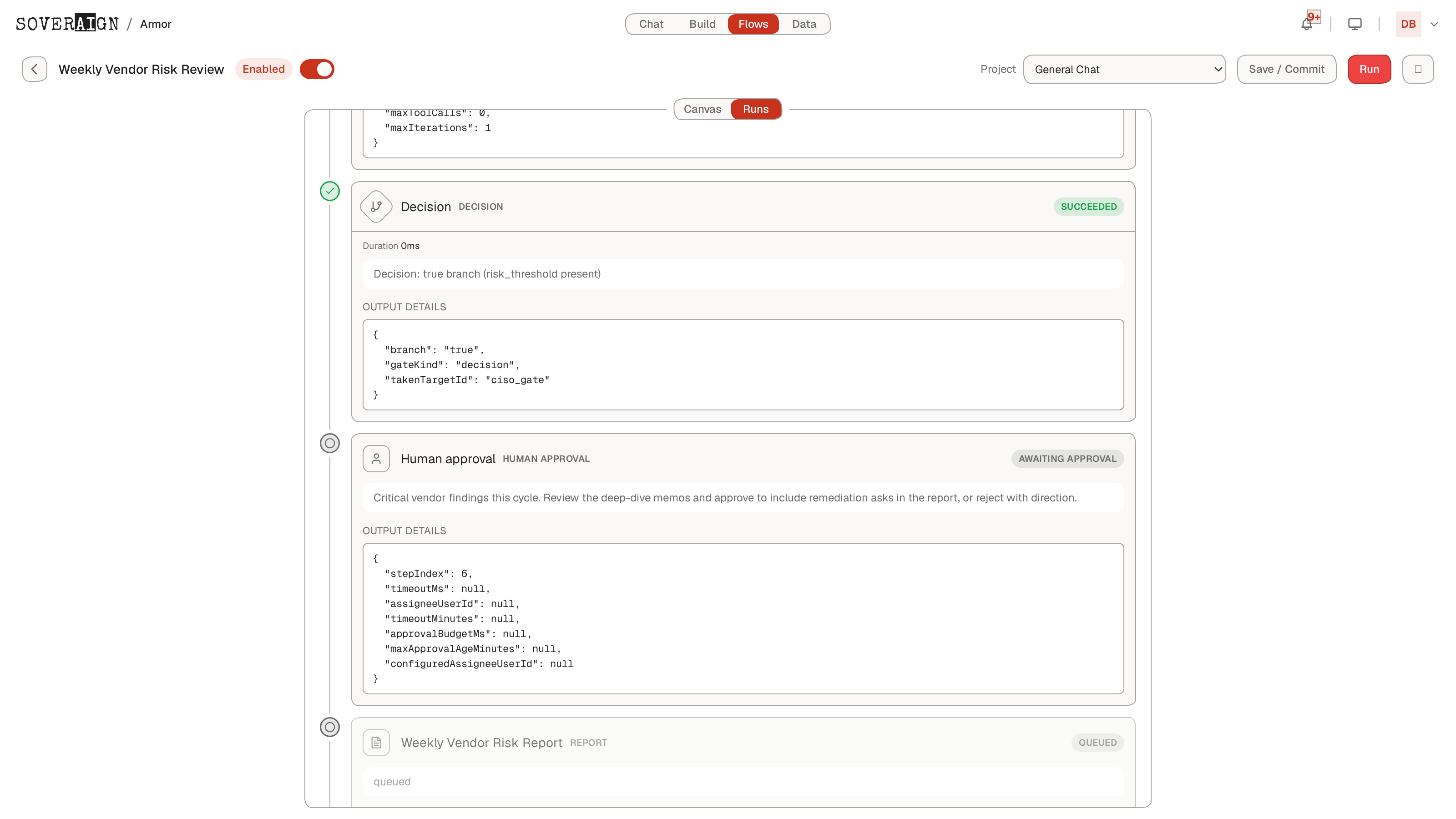 A live run paused at the Human approval node: the decision routed true to the CISO gate, the approval is awaiting, the report is queued behind it
