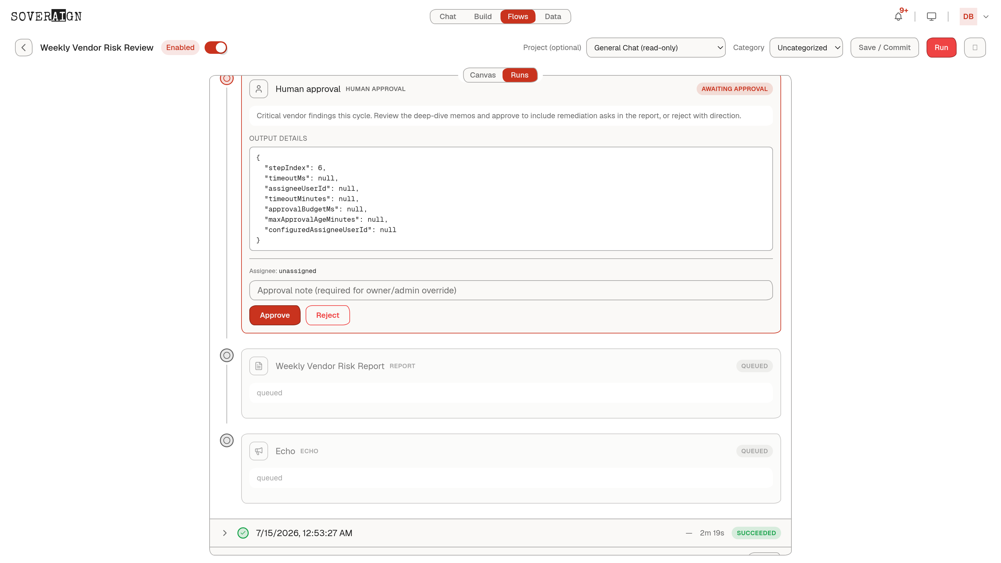 A live run paused at the Human approval node: the review brief, Approve and Reject controls with a required approval note, and the report queued behind the gate