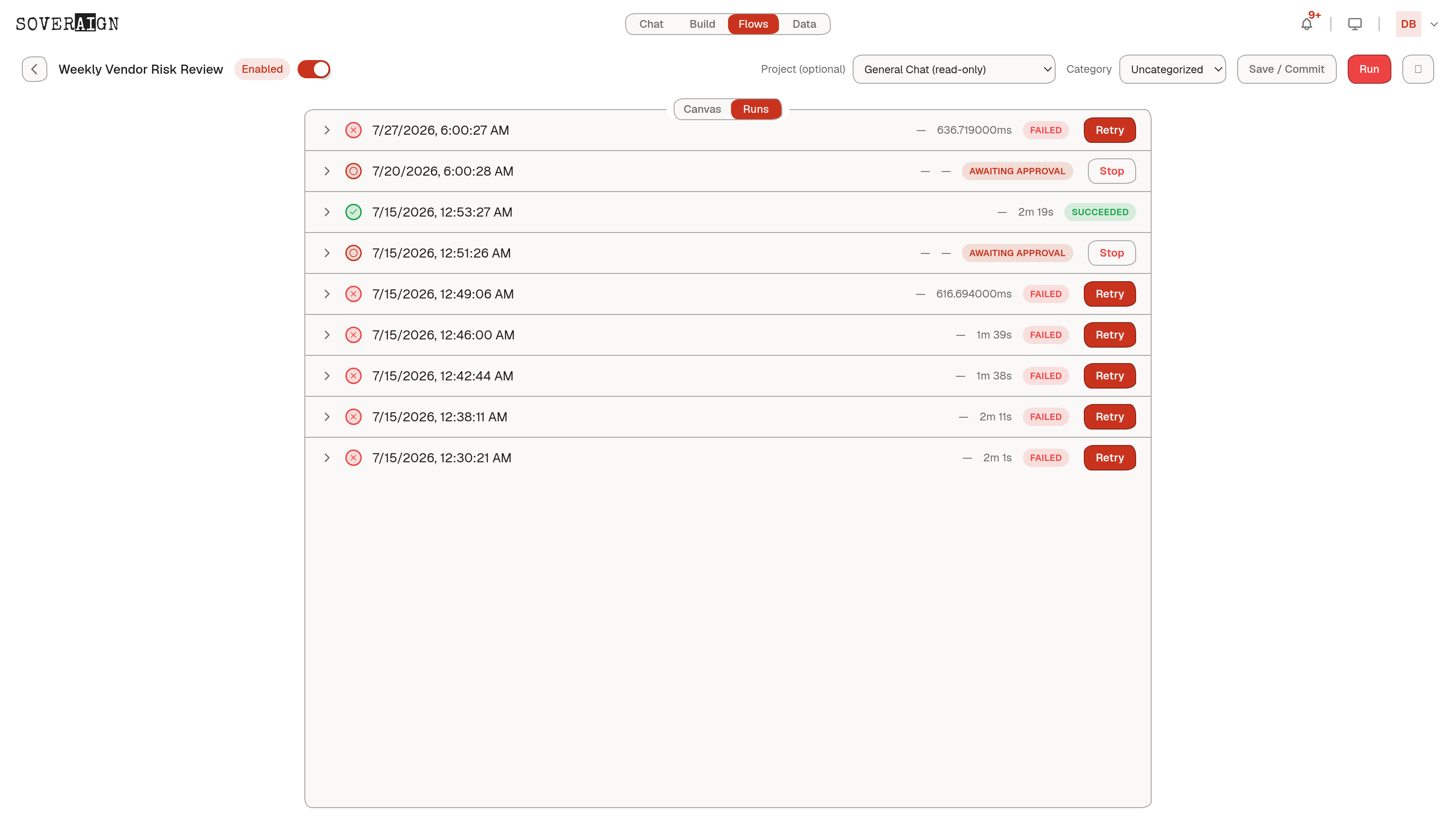 The Runs tab: the run list with timestamps, durations, and status per run - FAILED with Retry, AWAITING APPROVAL with Stop, SUCCEEDED