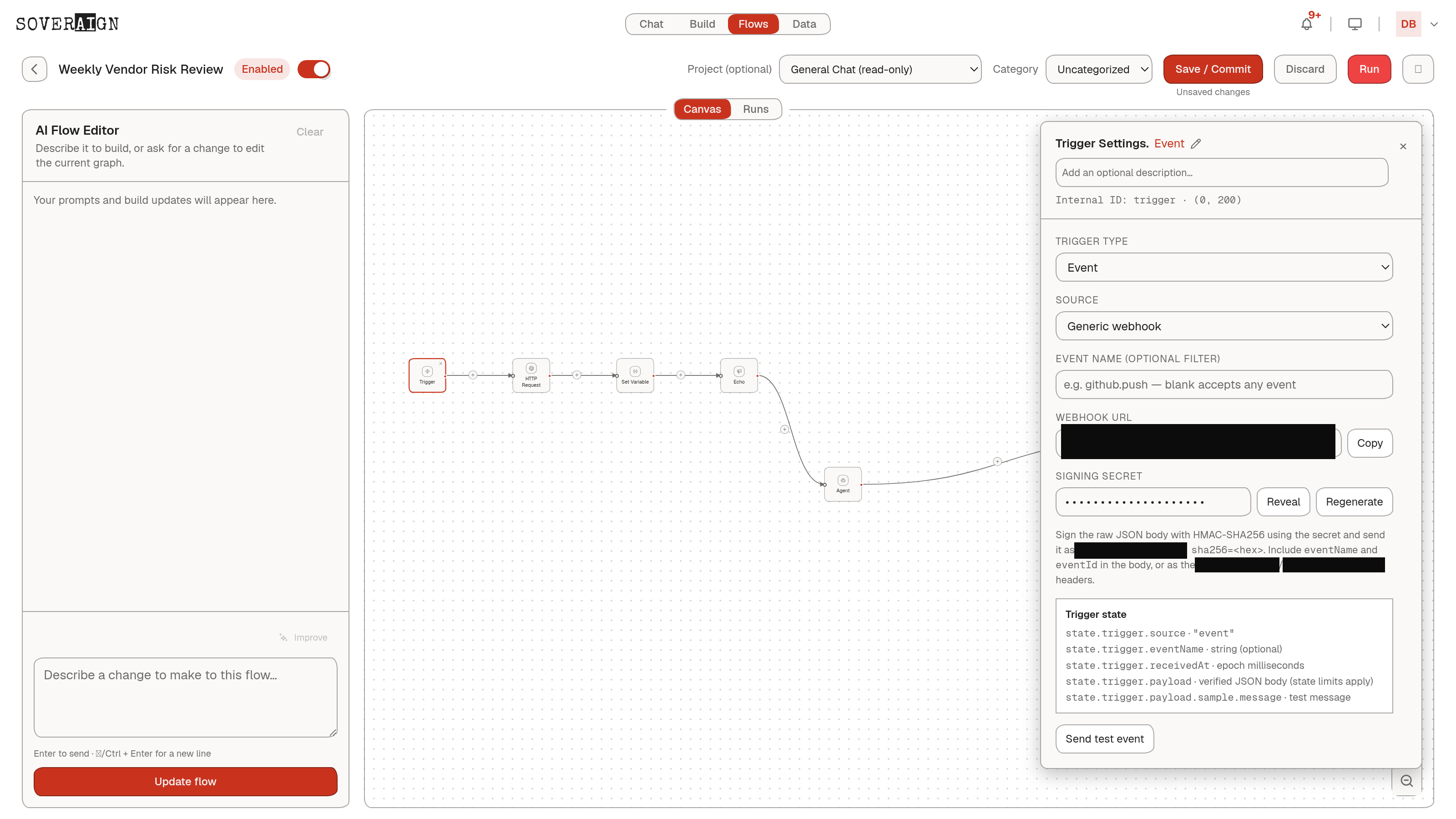 The Trigger Settings panel on the canvas: Event type selected, webhook source, signed-payload instructions, the trigger state contract, and a Send test event button