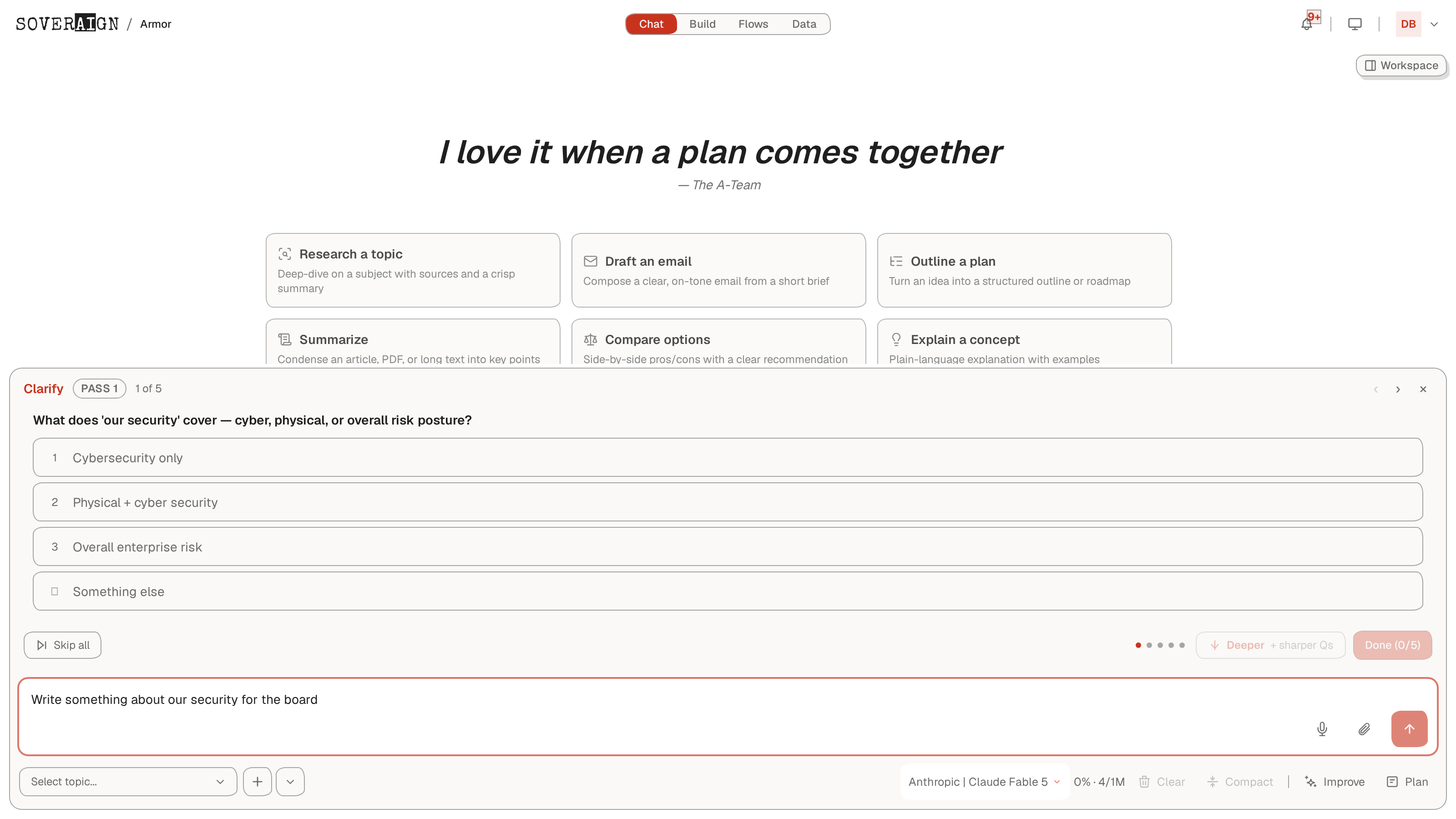 The Improve clarify card asking targeted questions about a draft prompt