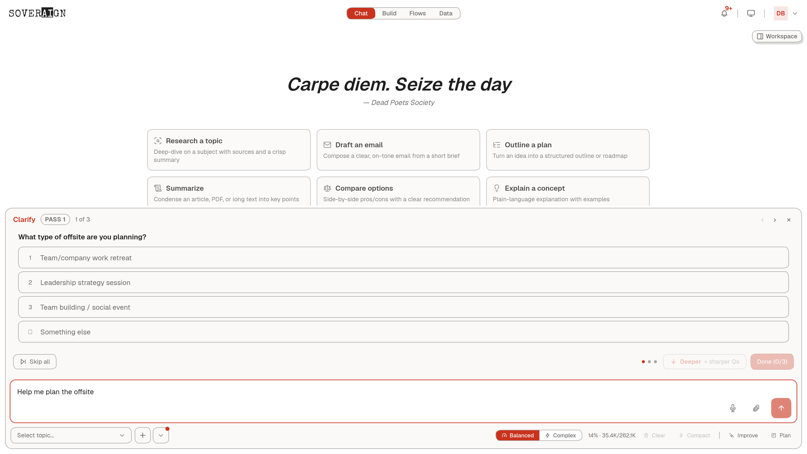 The Improve clarify card asking targeted questions about a draft prompt