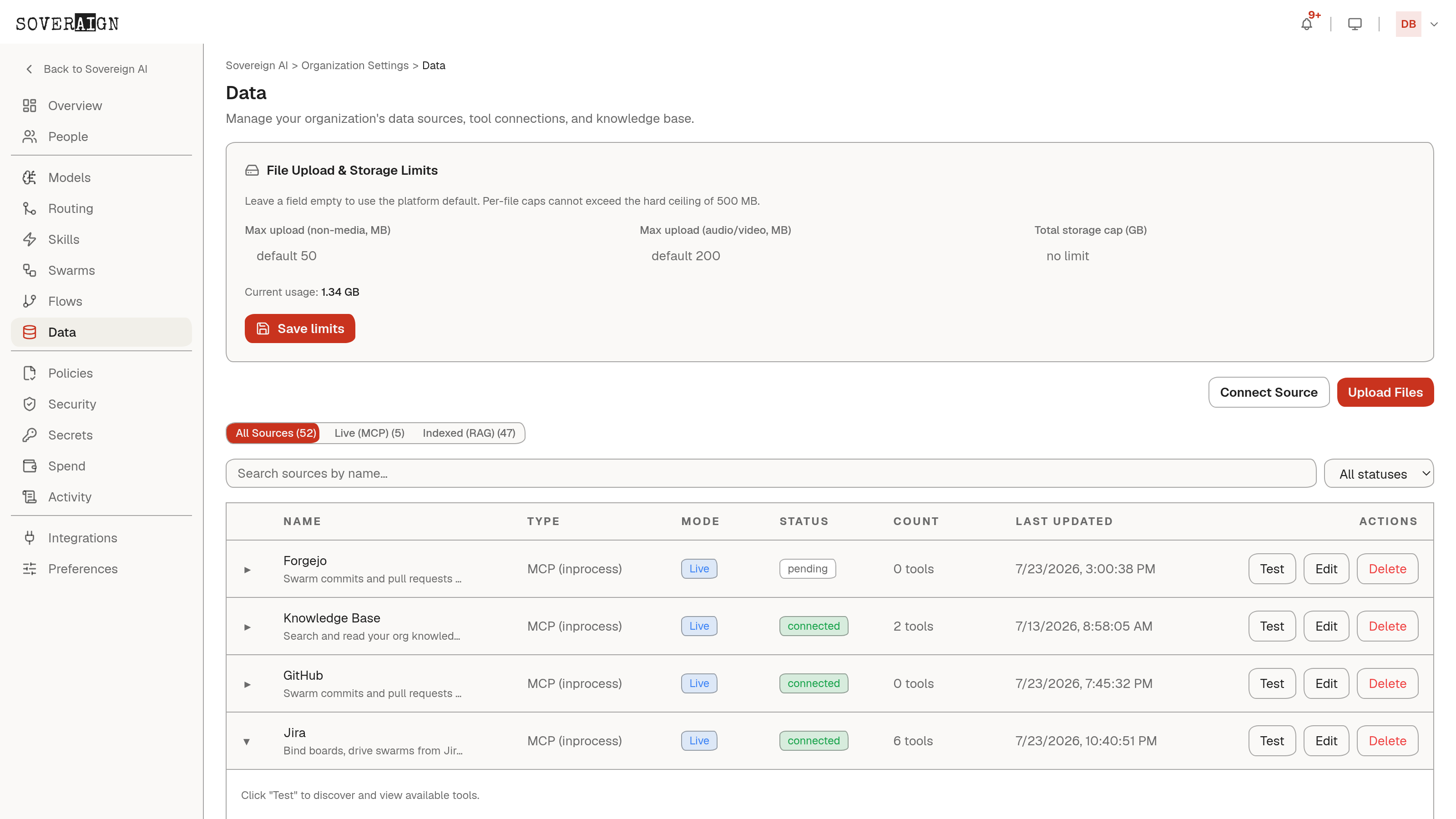 The Data page with a Live MCP connection row expanded: mode, status, tool count, and the Test action that discovers what the server exposes
