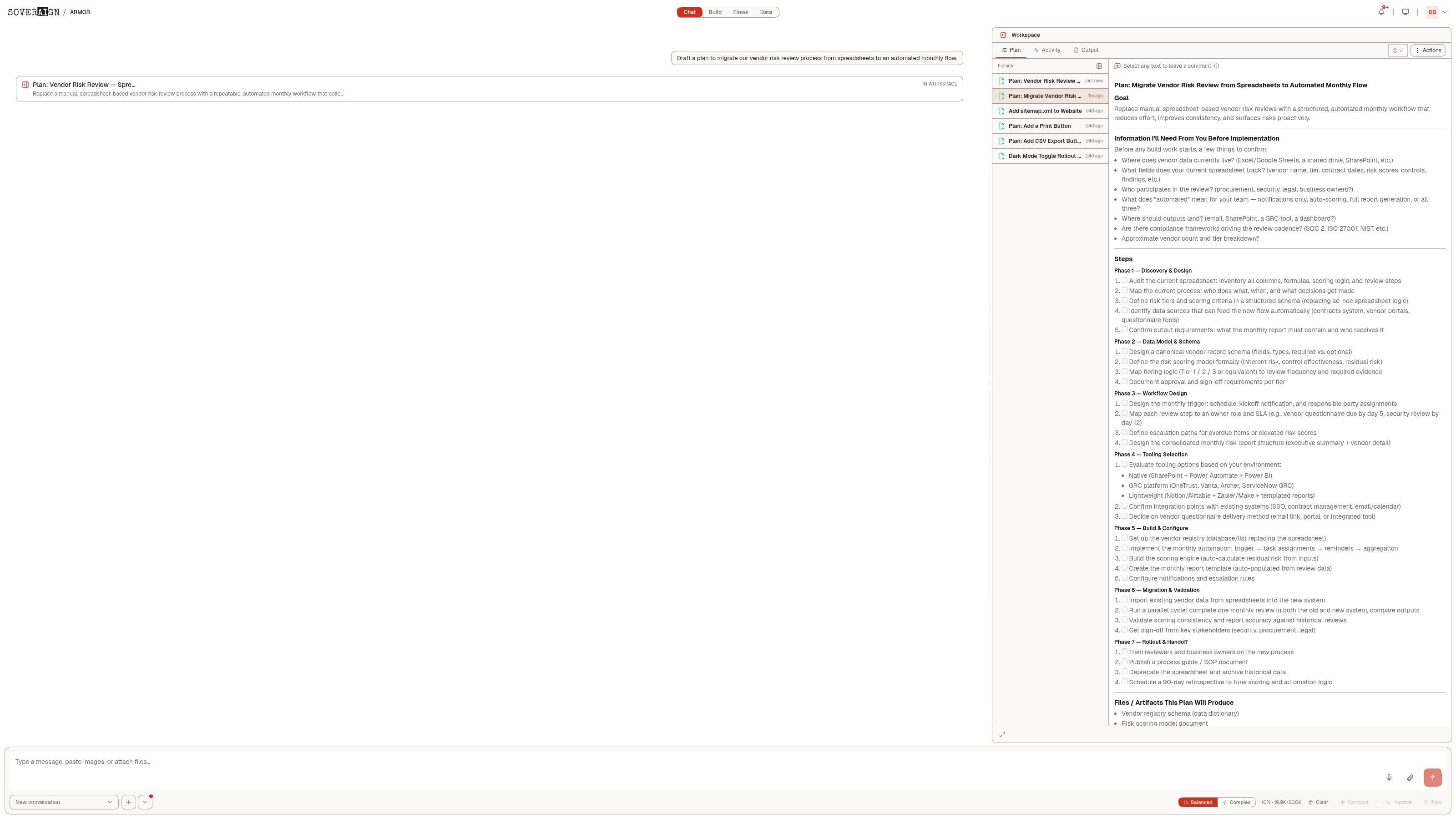 The plan document itself, open for review before Accept or Build.