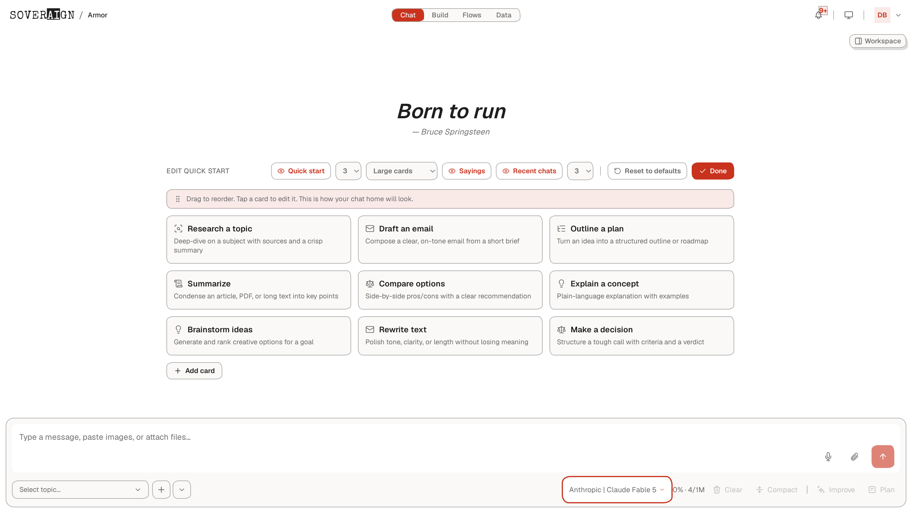 The Quick Start editor with editable cards: name, description, icon, and prompt