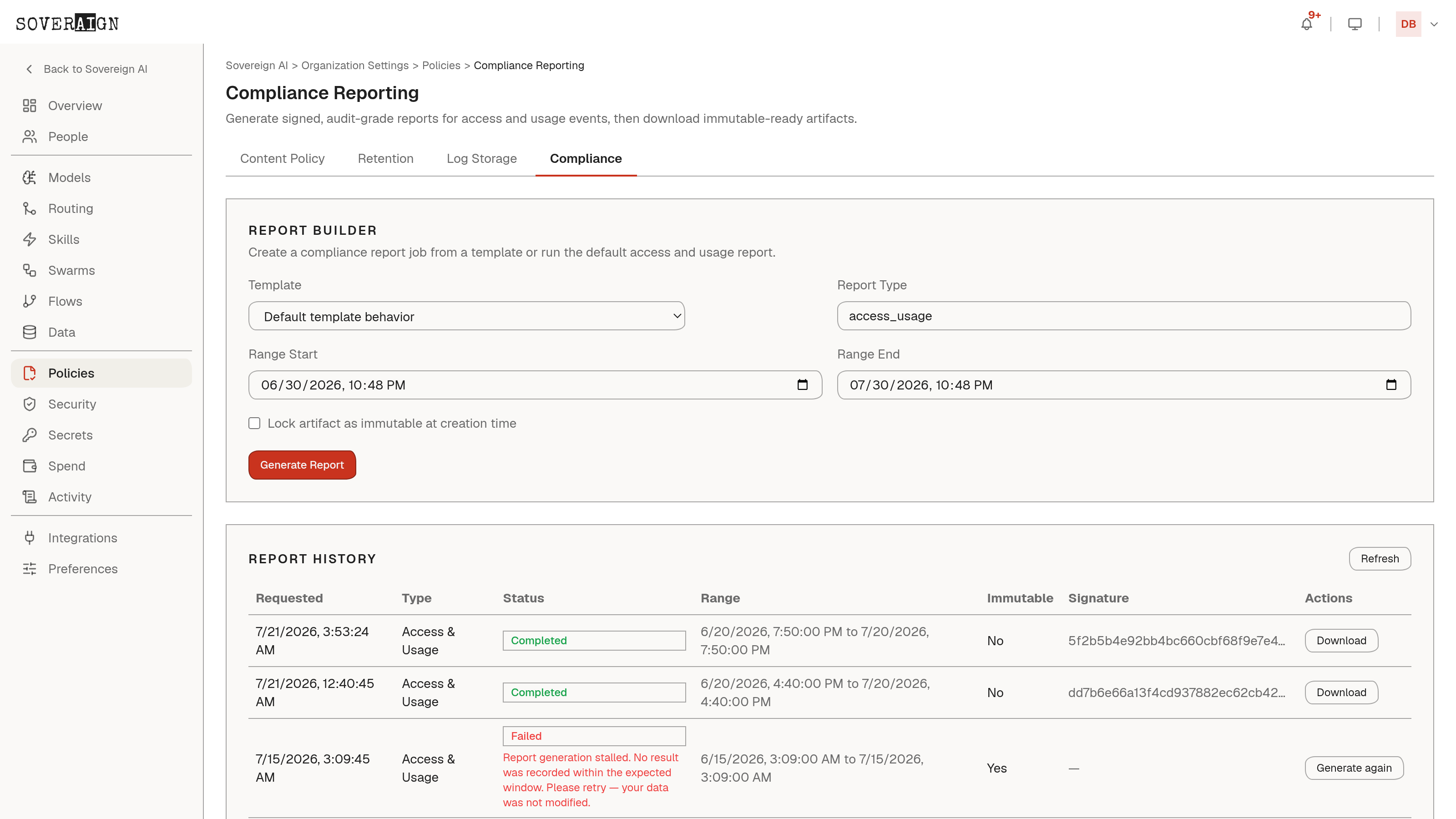 Compliance Reporting page with the report builder and a report history table showing status and immutability