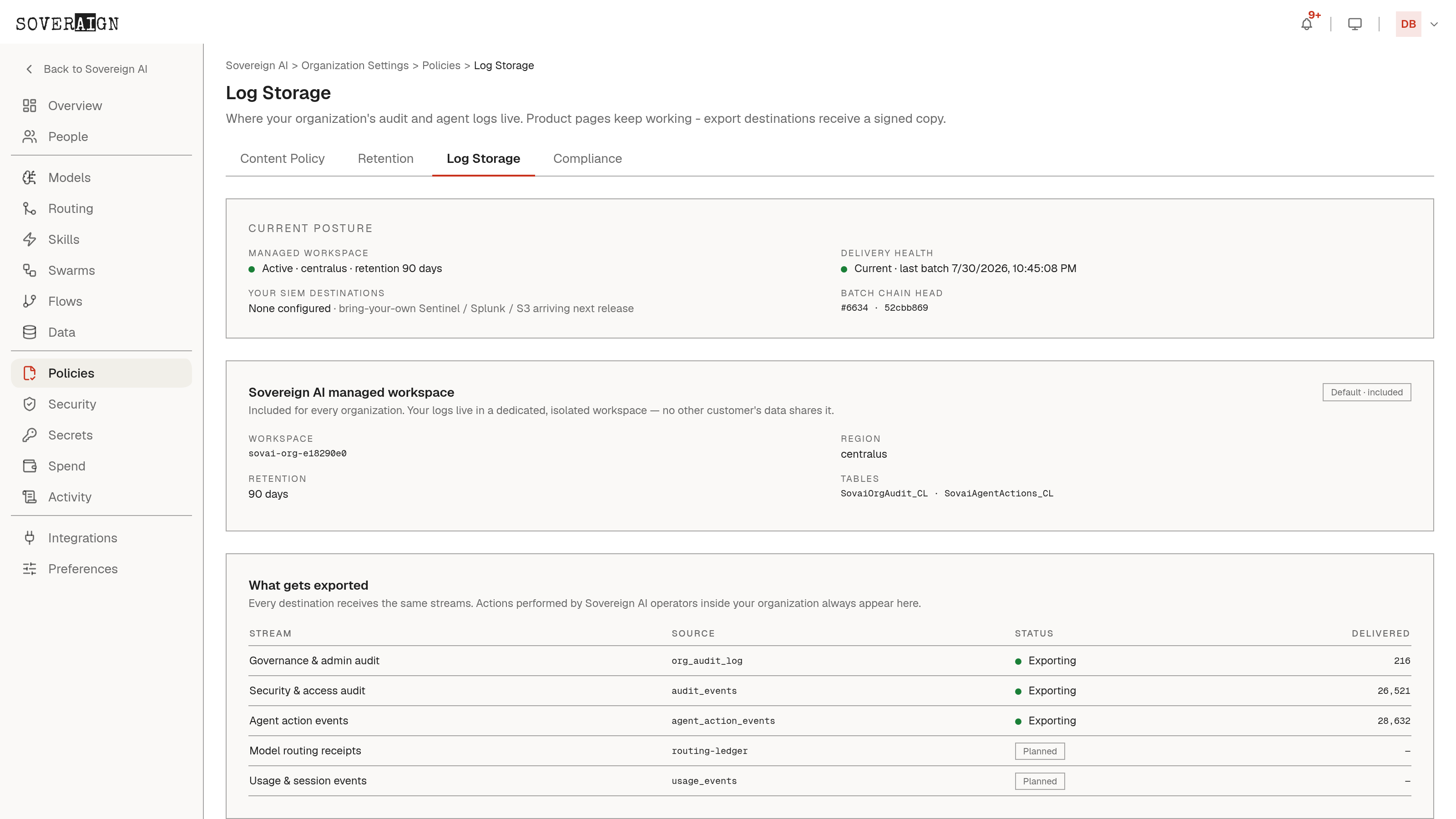 Log Storage page showing the managed workspace, its region and retention, and the per-stream SIEM export table