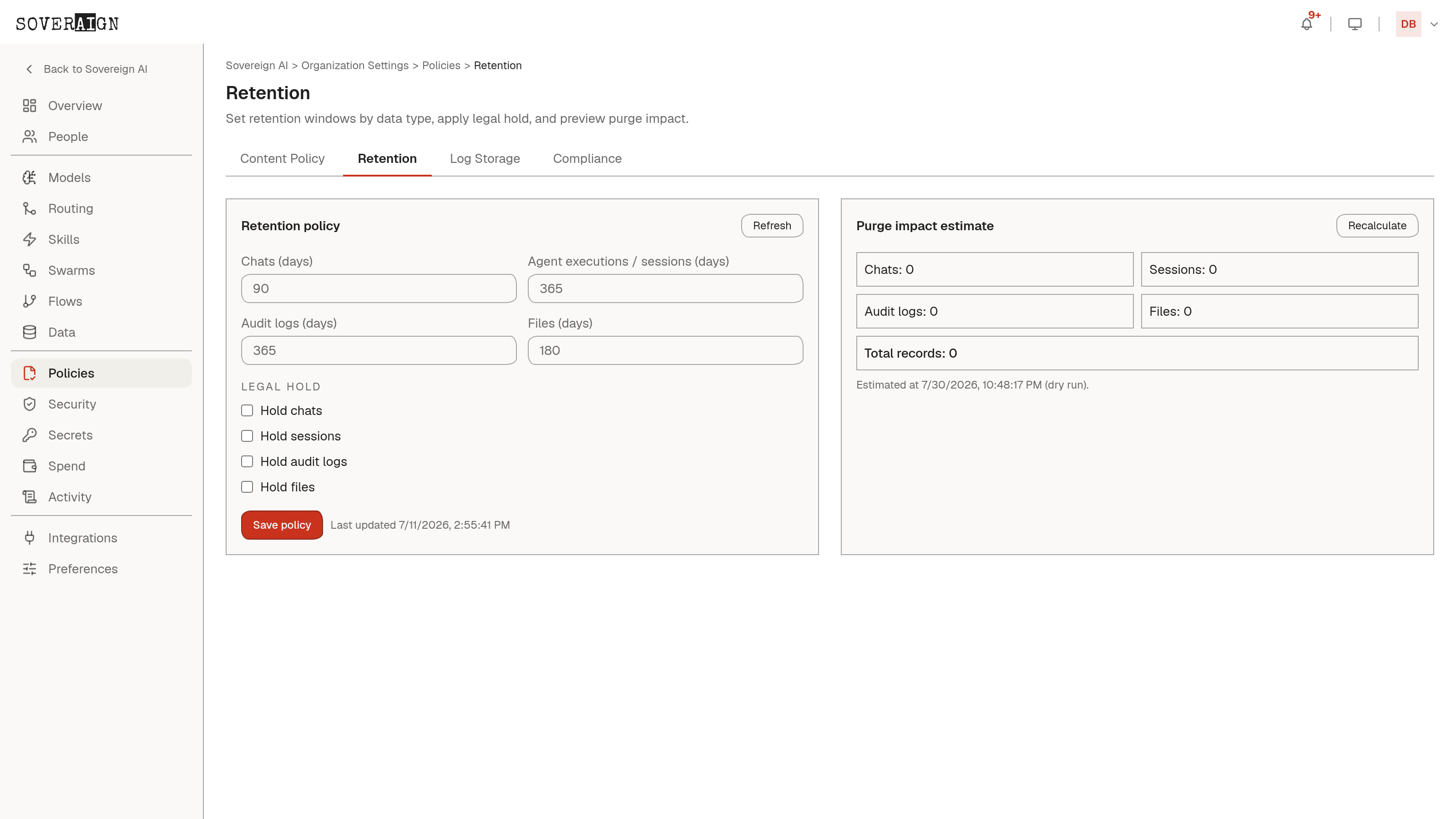 Retention policy page with per-type day windows, legal hold switches, and a dry-run purge impact estimate