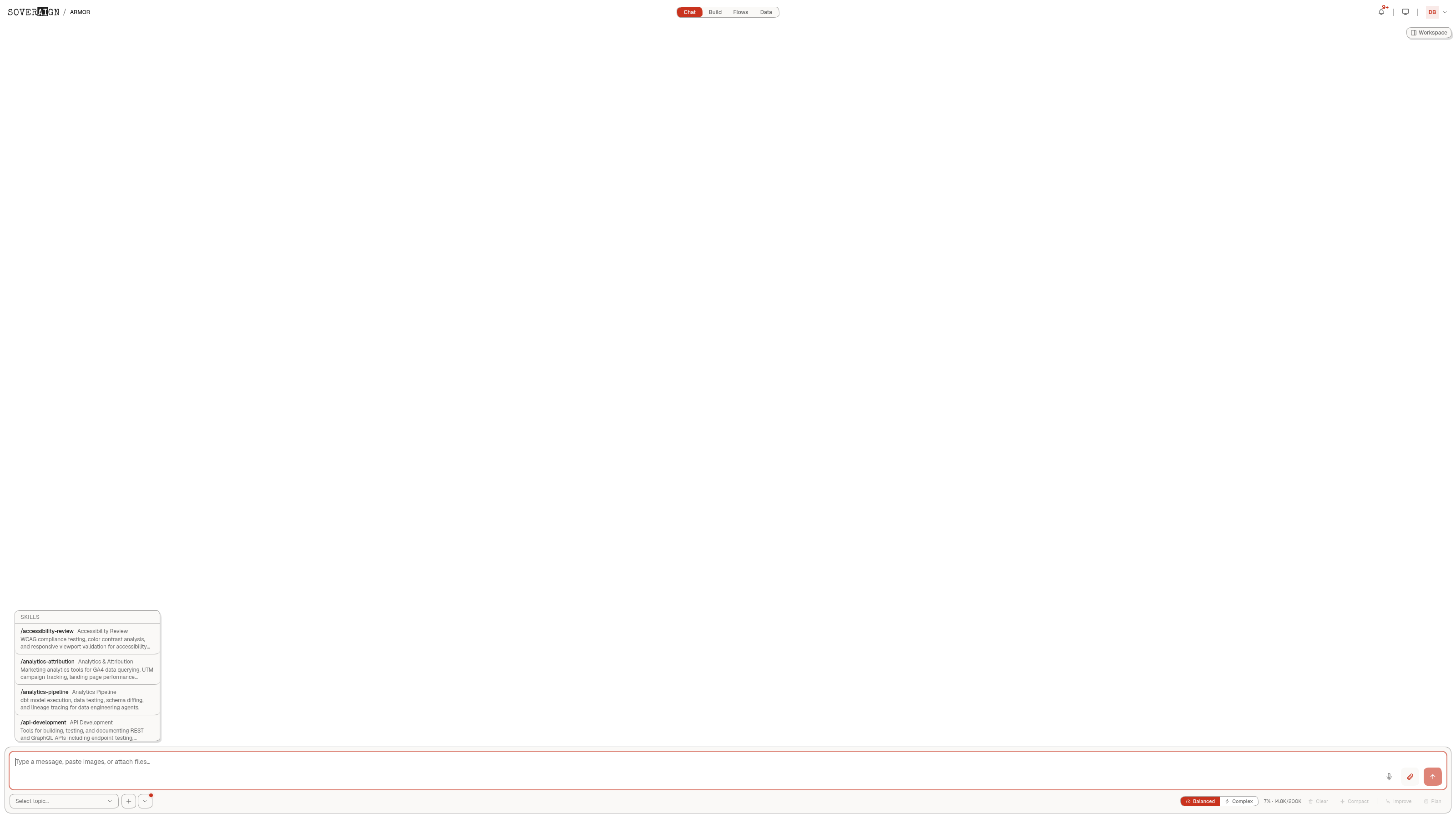Skills popover open above the composer, listing slugs, titles, and descriptions