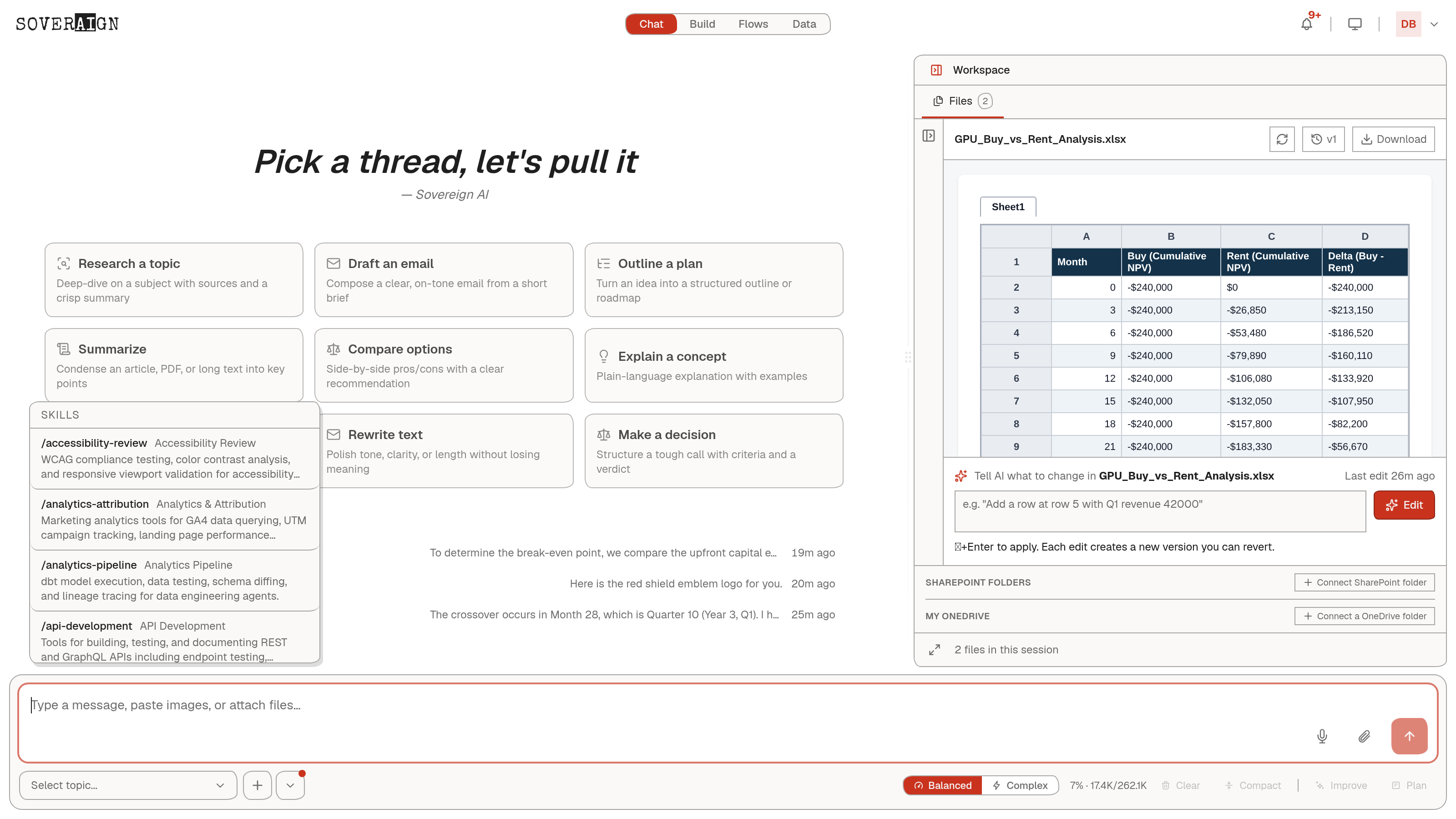 Skills popover open above the composer, listing slugs, titles, and descriptions