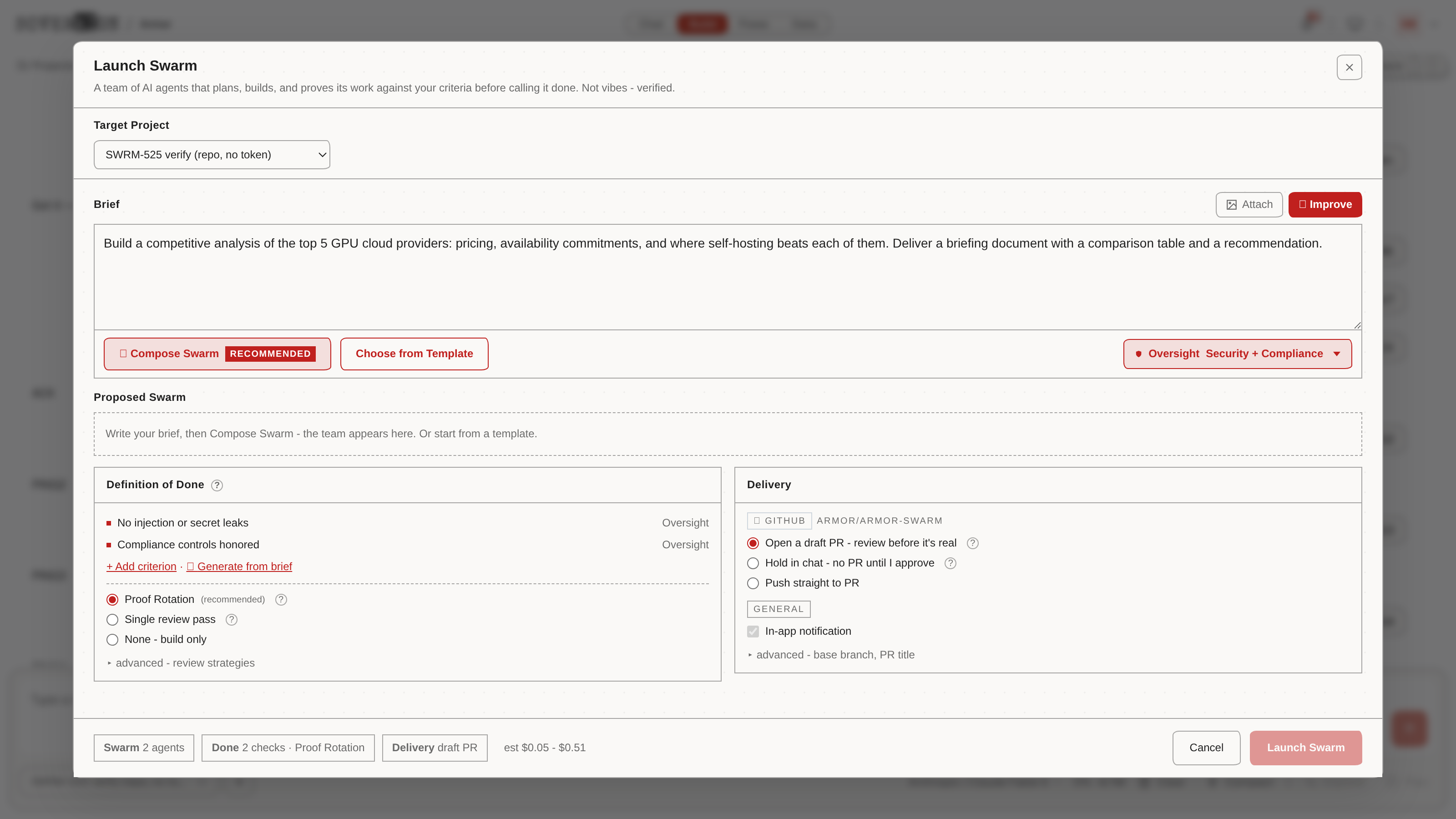 The Launch Swarm modal with a brief written and the Proposed Swarm area still empty
