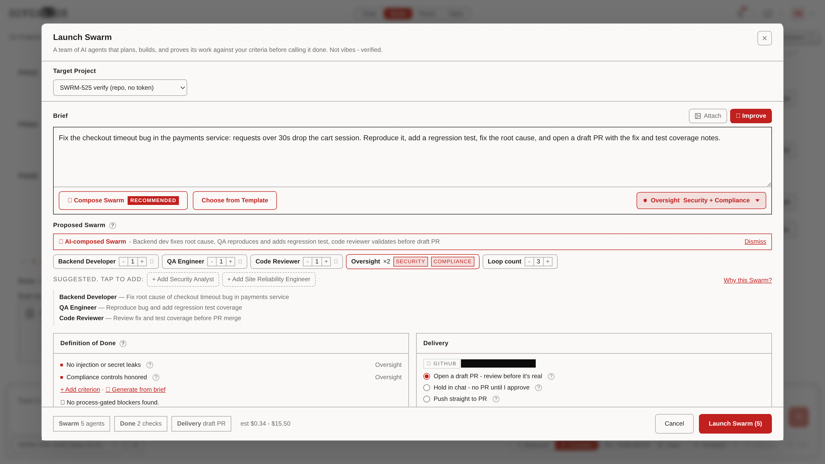 The Launch Swarm modal: composed crew chips with stated reasons, two Oversight seats, the Definition of Done, delivery mode, and the receipt footer