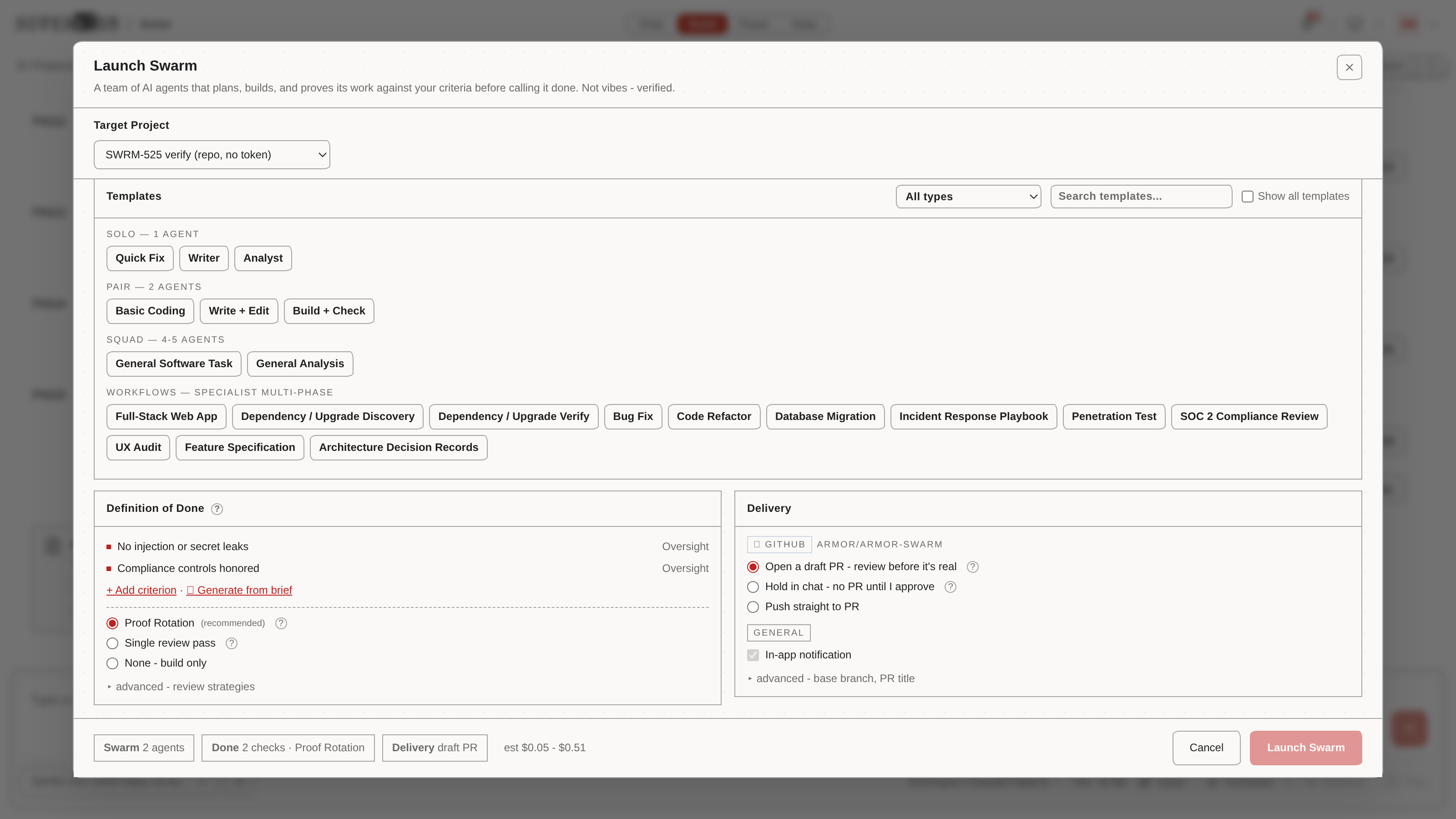 The template browser: Solo, Pair, and Squad tiers plus specialist multi-phase workflow templates