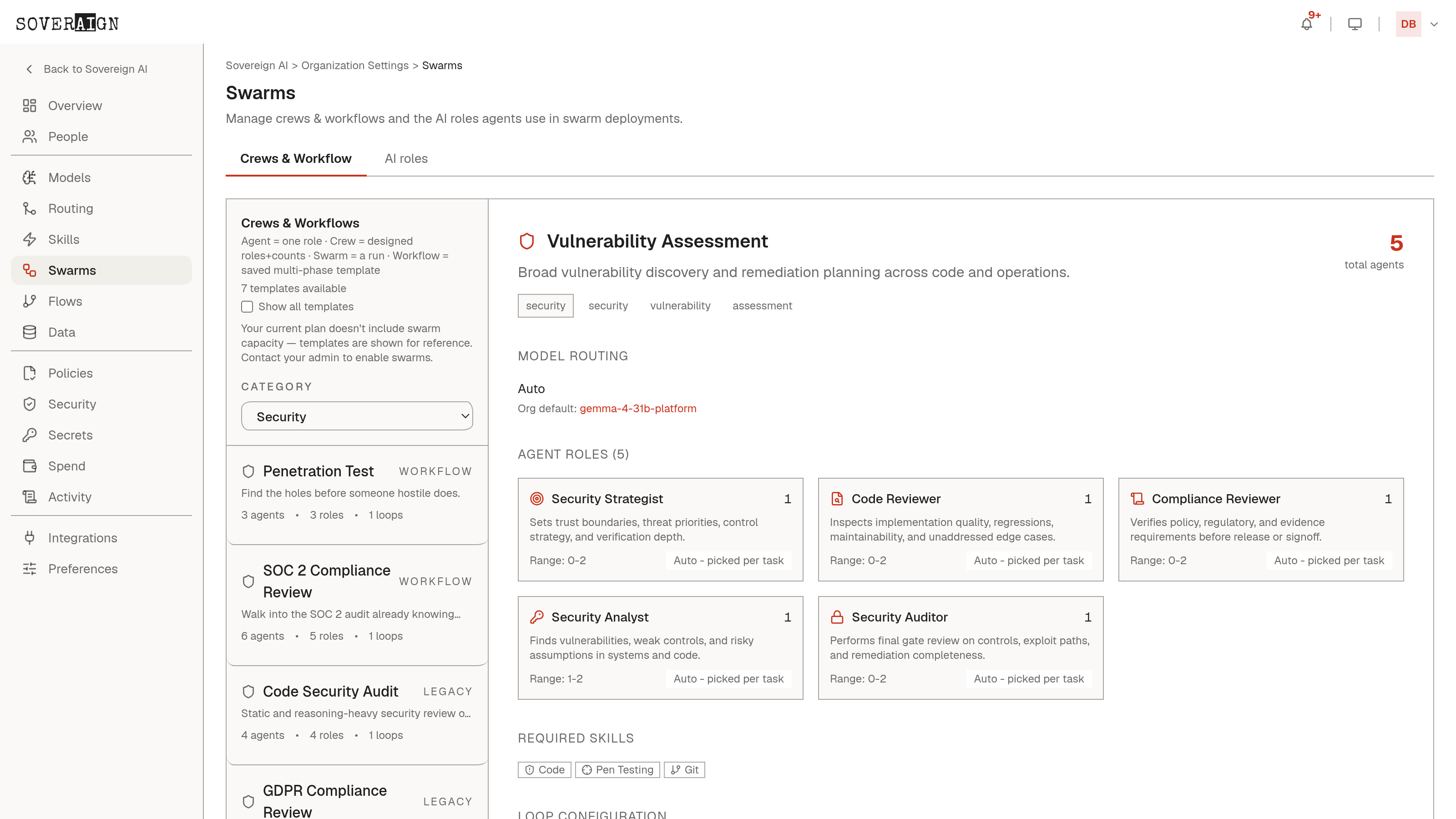 The template browser: Solo, Pair, and Squad tiers plus specialist multi-phase workflow templates