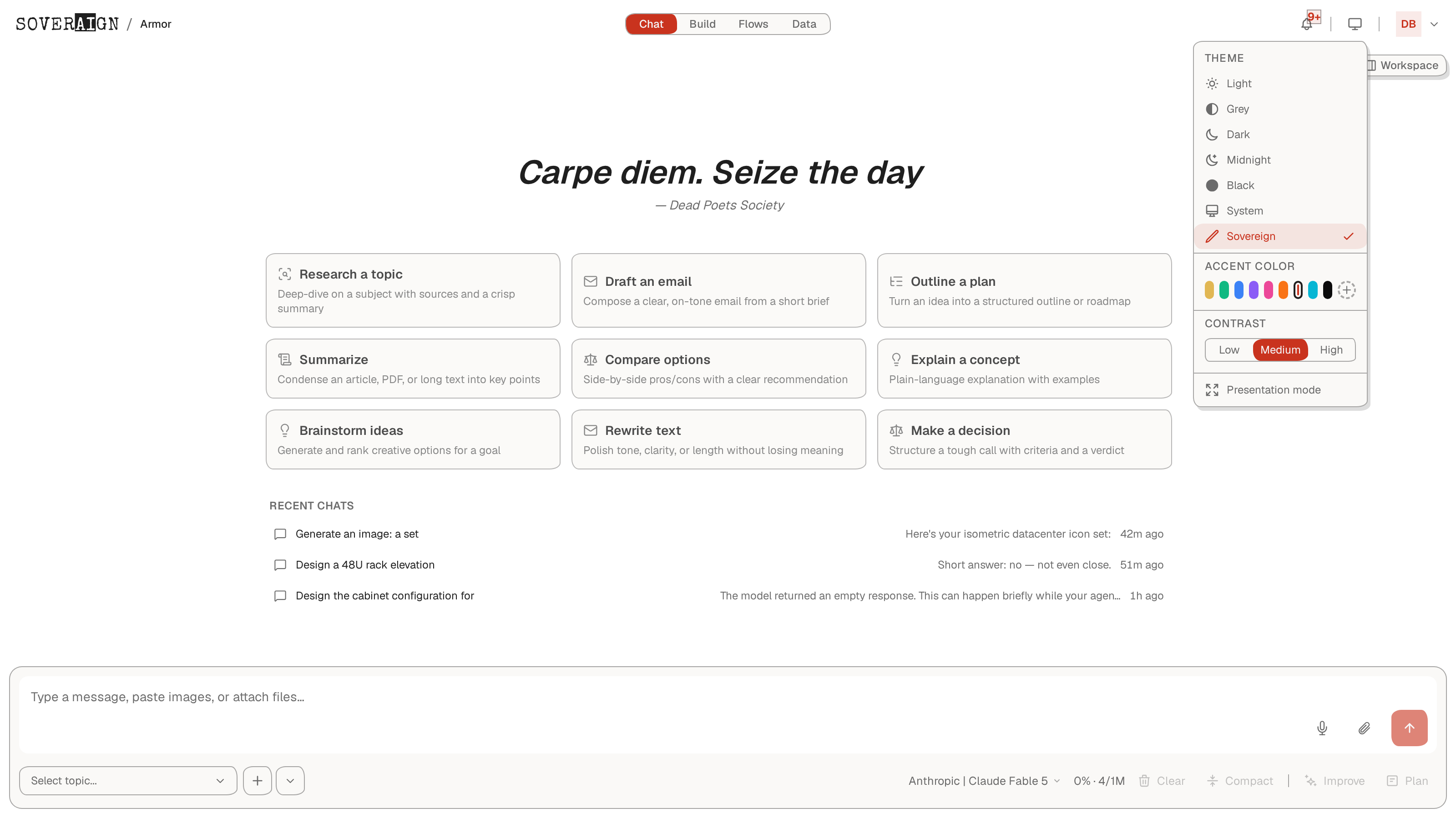 The visual settings menu open: themes, accent colors, contrast, and presentation mode