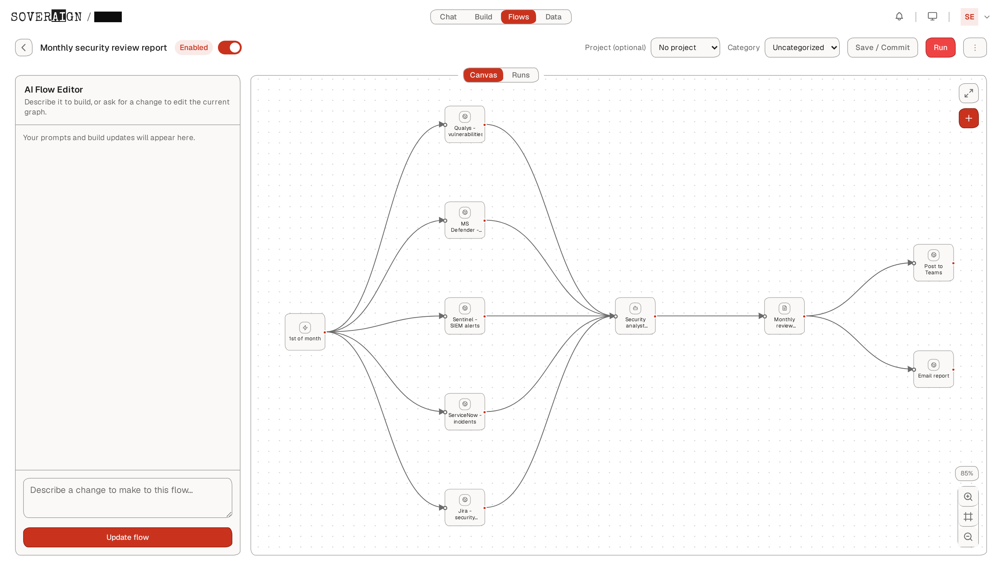 The Monthly security review report Flow on the canvas: a trigger fanning out to five HTTP Request collectors (Qualys, MS Defender, Sentinel, ServiceNow, Jira), converging on a security analyst agent, then a report, then Post to Teams and Email report.
