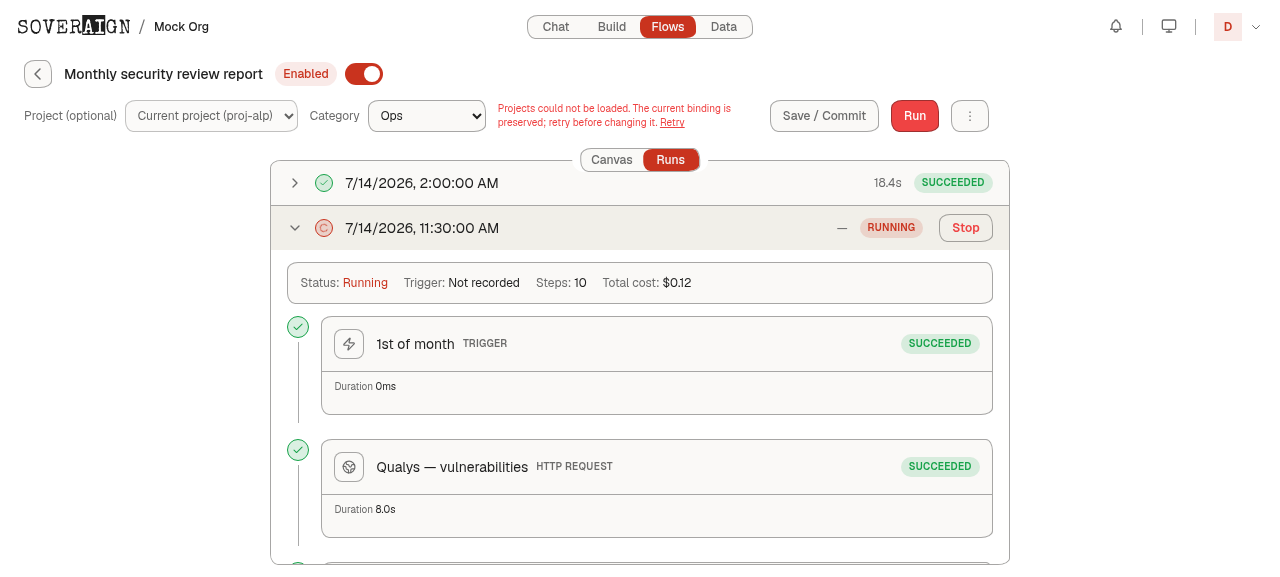 Run trace, upper steps: 10 steps, total cost $0.12; 1st of month trigger succeeded; Qualys vulnerabilities HTTP request succeeded in 8s.