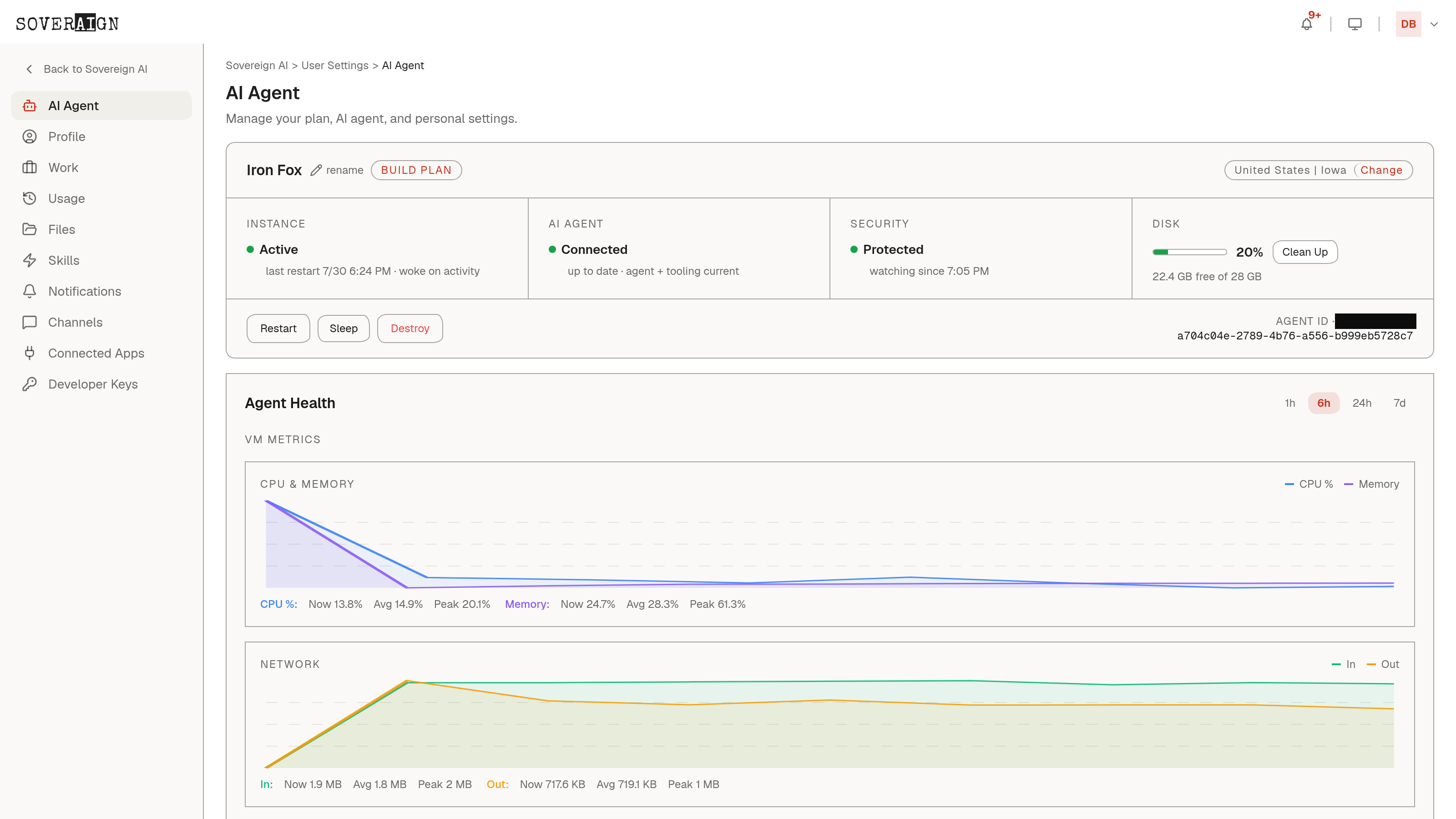 The AI Agent page in user settings: plan, region, and live instance health tiles