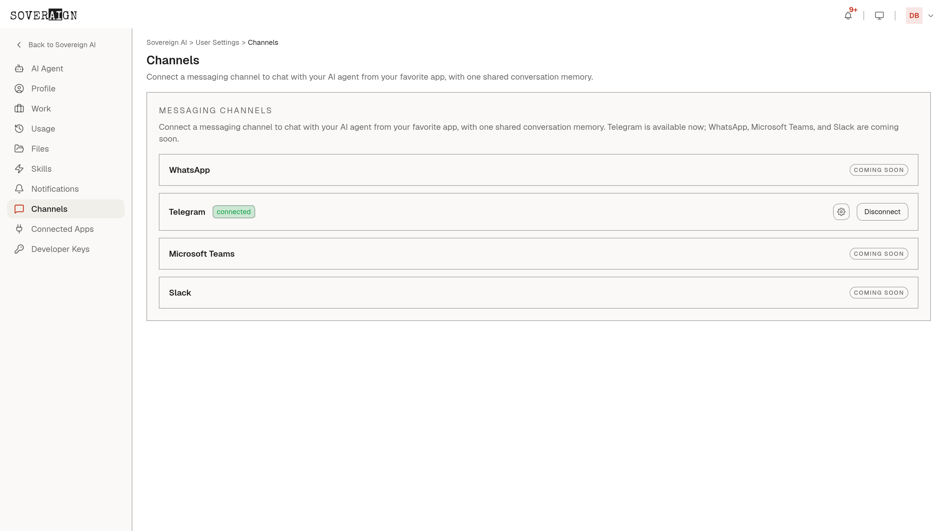 The Channels page in user settings with messaging channel bindings