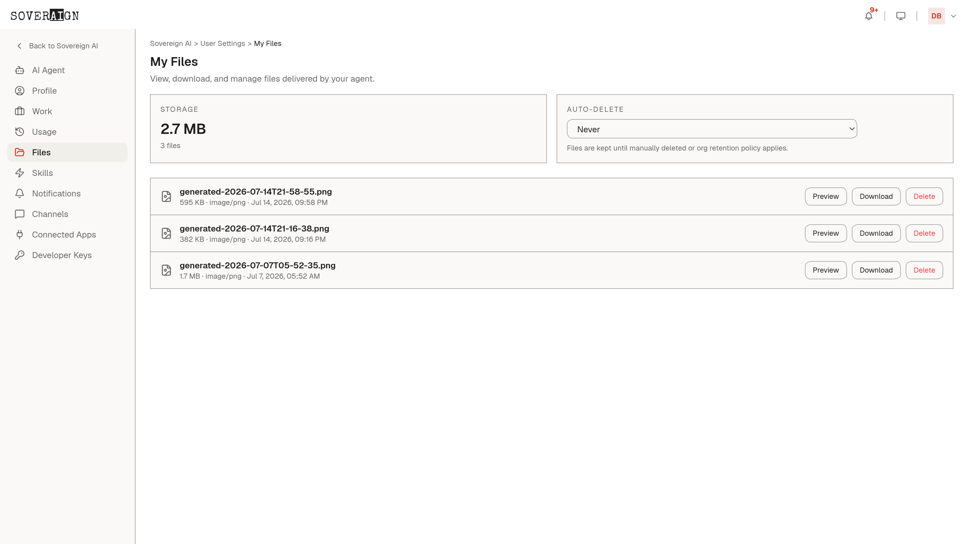 The My Files page in user settings: storage total, auto-delete policy, and the files the agent delivered with preview, download, and delete