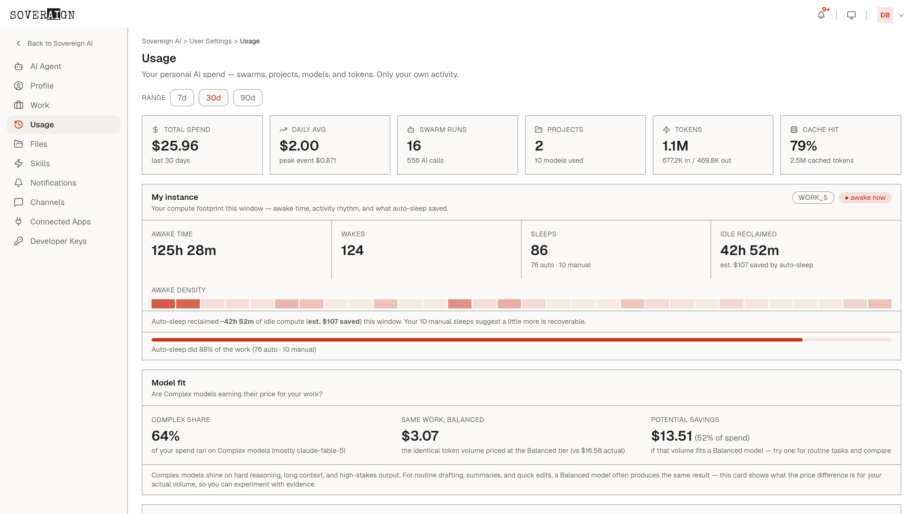 The personal Usage page: total spend, daily average, swarm runs, tokens, and cache hit rate