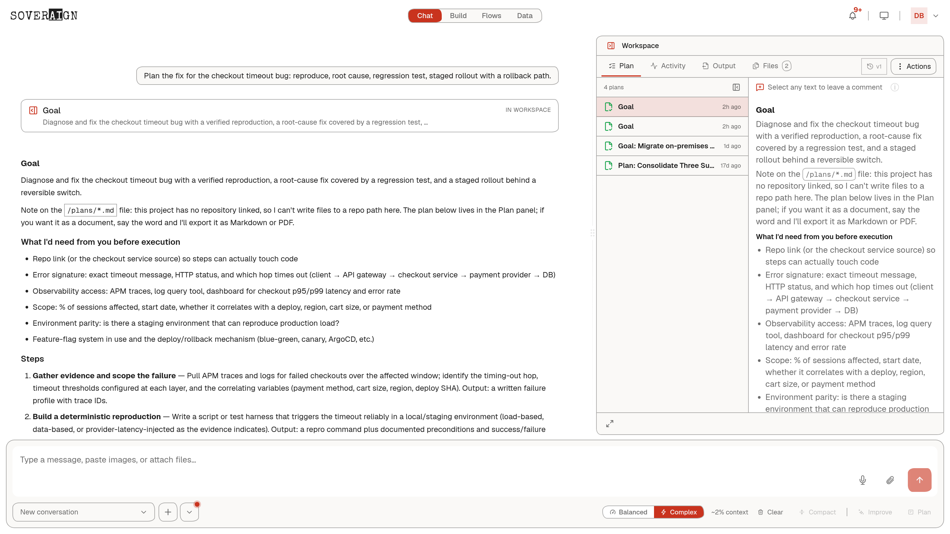 The Workspace Plan tab: the plan library on the left, the open plan document on the right with the select-to-comment hint